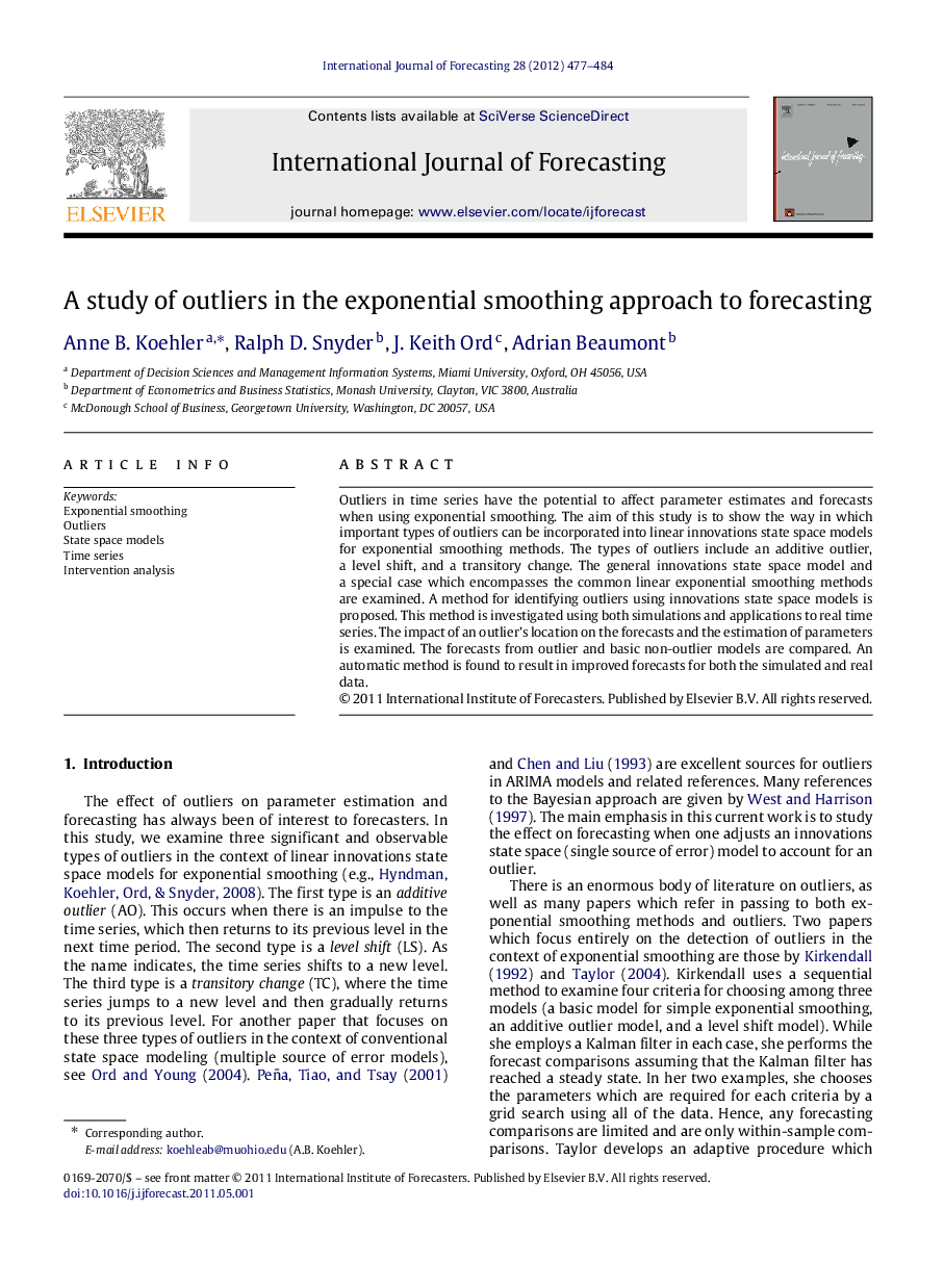 A study of outliers in the exponential smoothing approach to forecasting