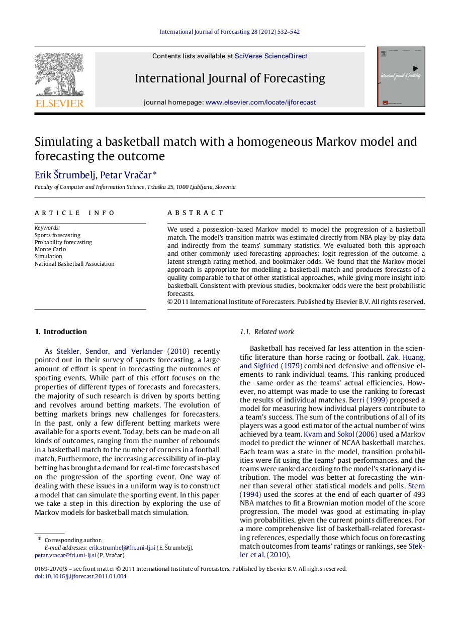 Simulating a basketball match with a homogeneous Markov model and forecasting the outcome