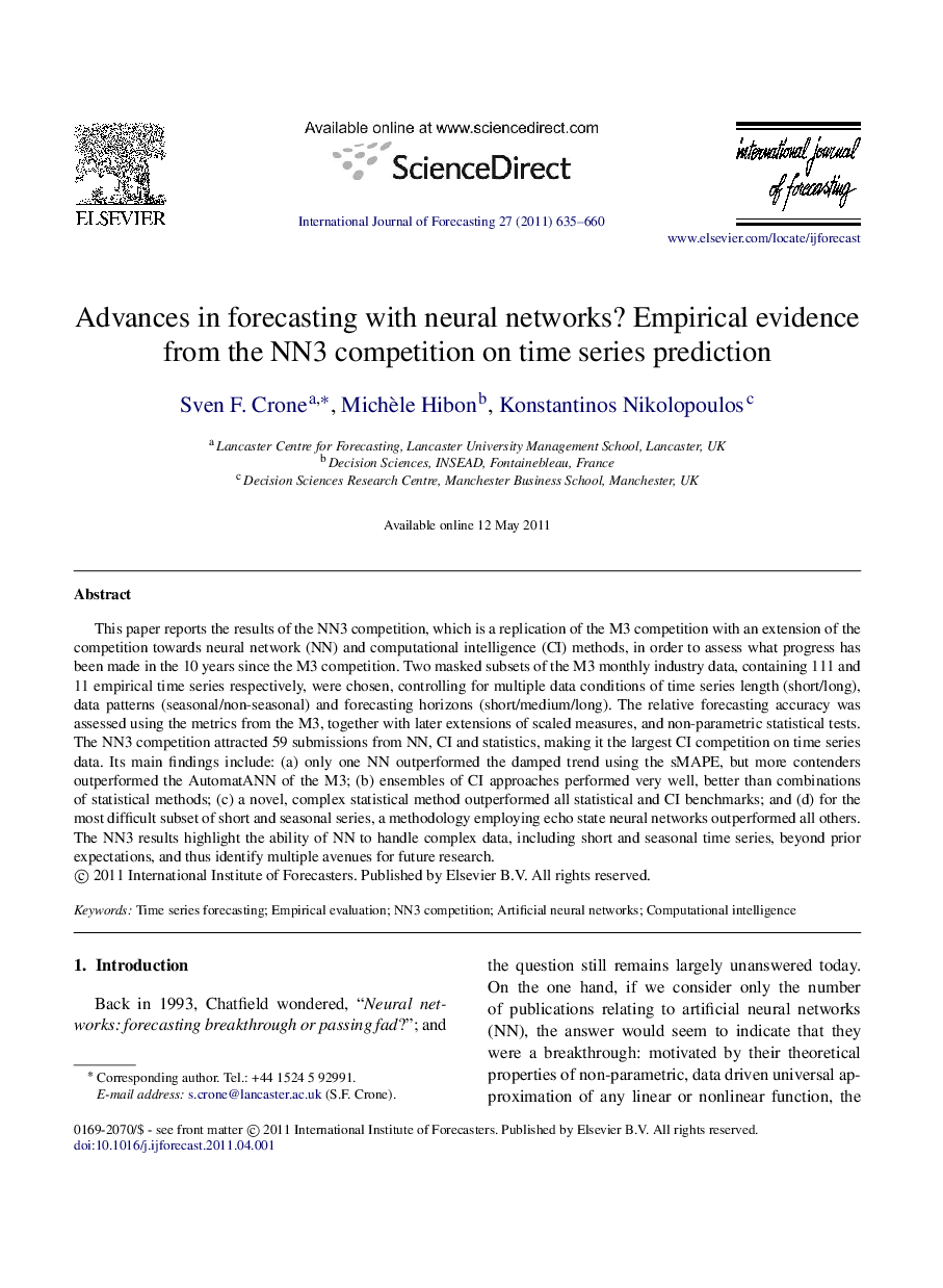 Advances in forecasting with neural networks? Empirical evidence from the NN3 competition on time series prediction