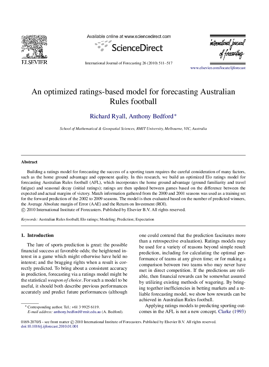 An optimized ratings-based model for forecasting Australian Rules football