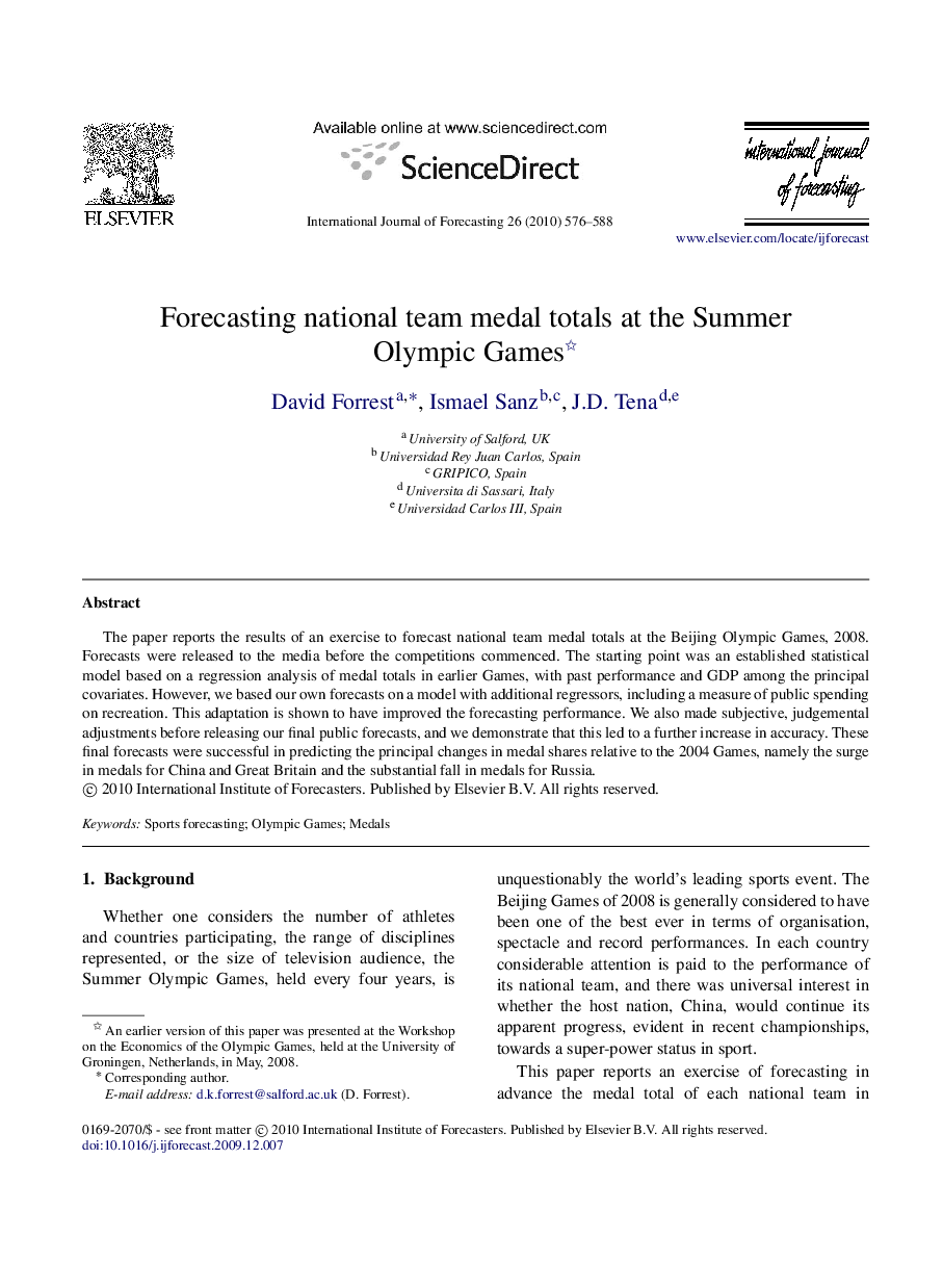 Forecasting national team medal totals at the Summer Olympic Games 