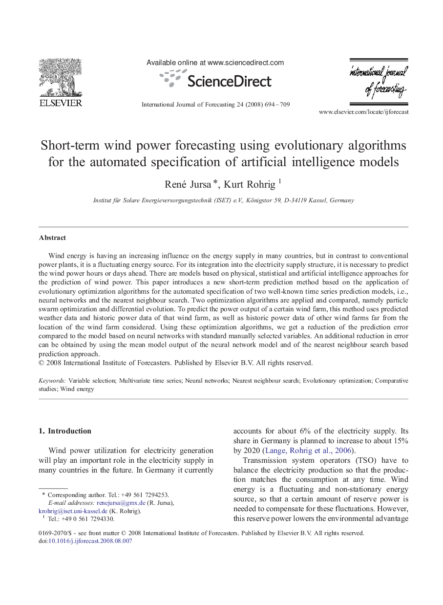 Short-term wind power forecasting using evolutionary algorithms for the automated specification of artificial intelligence models