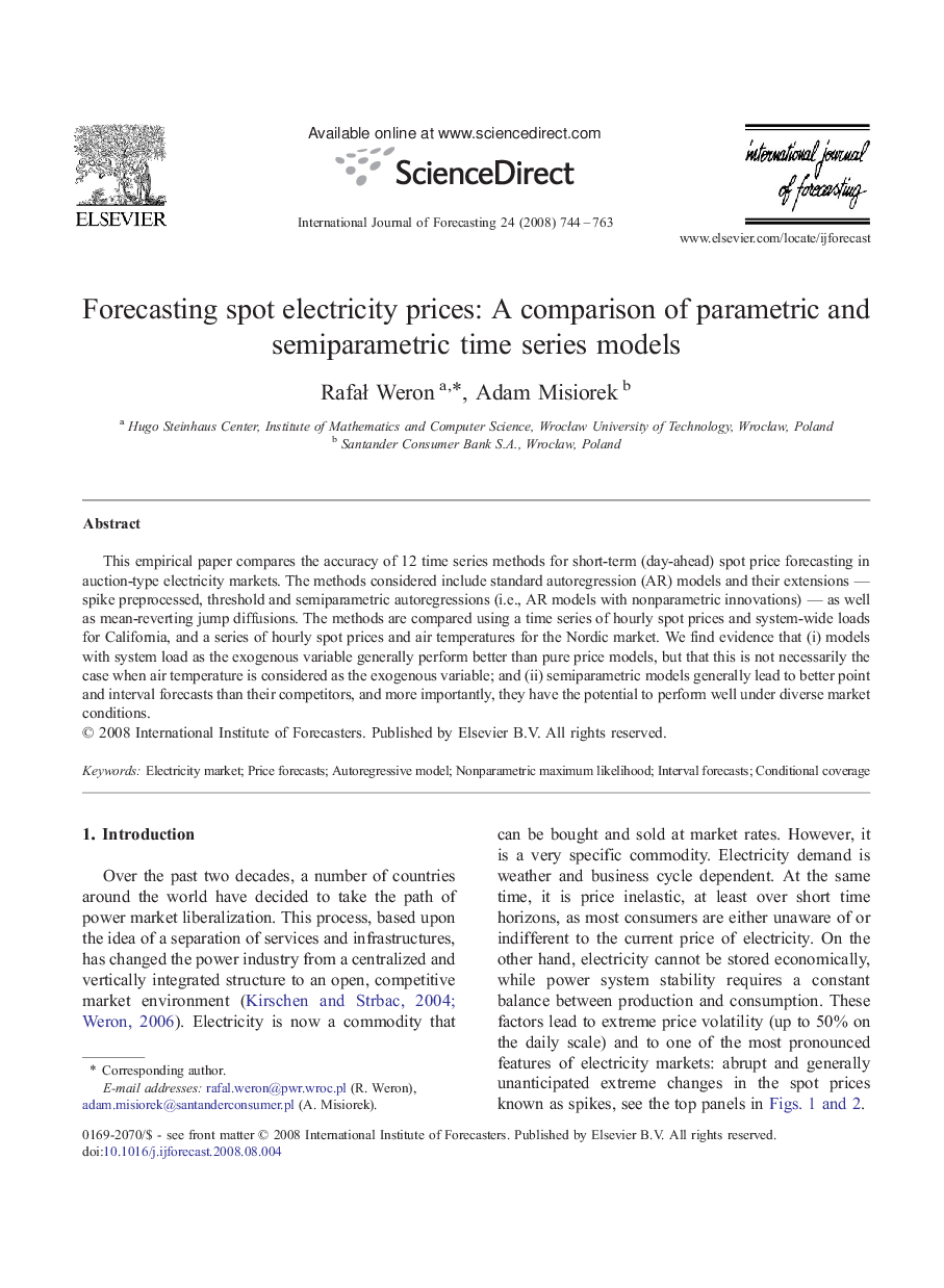 Forecasting spot electricity prices: A comparison of parametric and semiparametric time series models