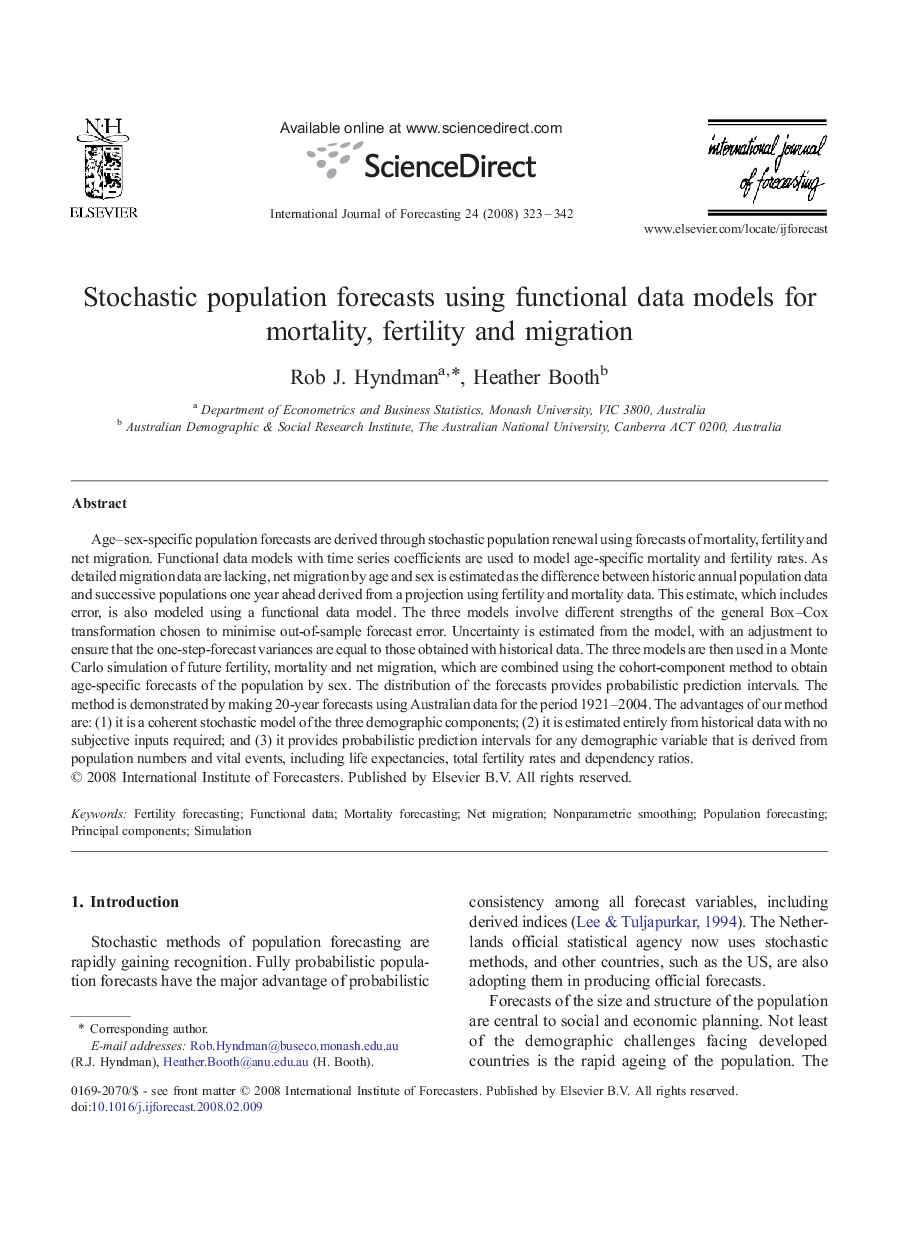 Stochastic population forecasts using functional data models for mortality, fertility and migration