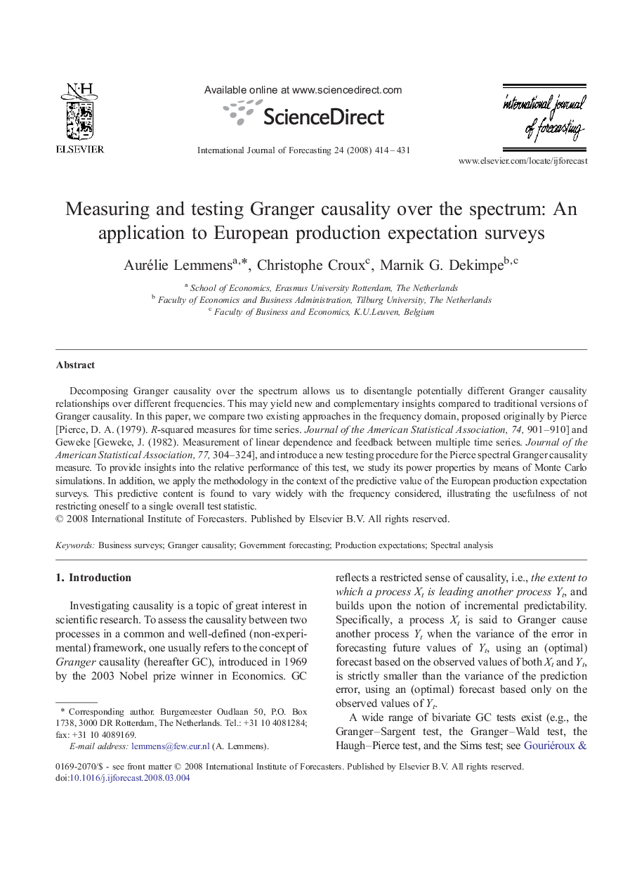 Measuring and testing Granger causality over the spectrum: An application to European production expectation surveys