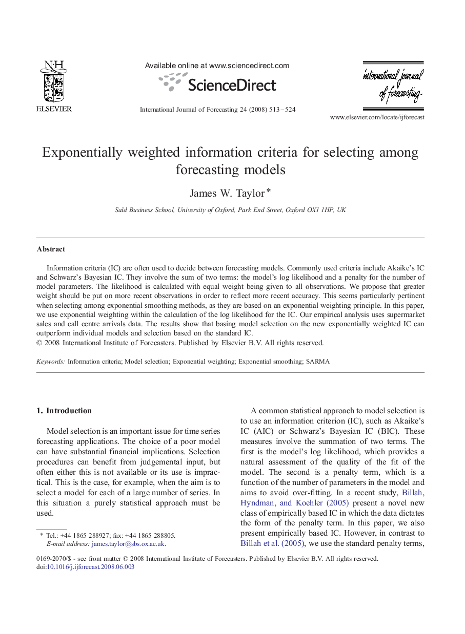 Exponentially weighted information criteria for selecting among forecasting models