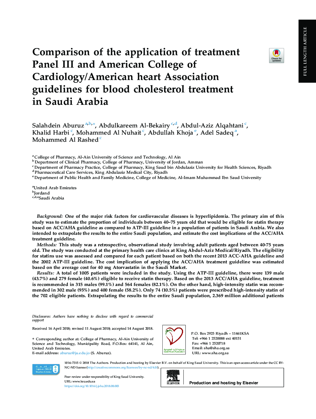 Comparison of the application of treatment Panel III and American College of Cardiology/American heart Association guidelines for blood cholesterol treatment in Saudi Arabia