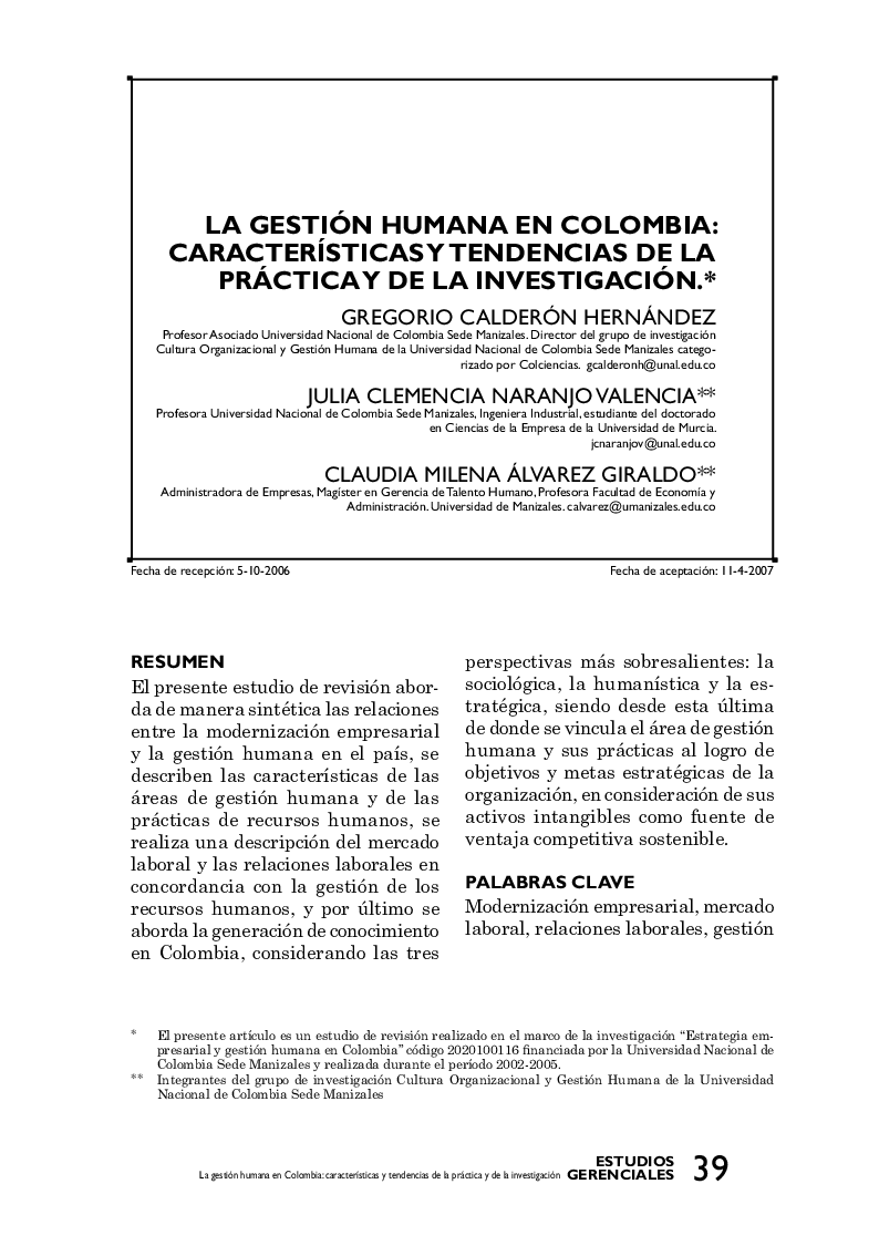 La gestión humana en colombia: características y tendencias de la práctica y de la investigación *