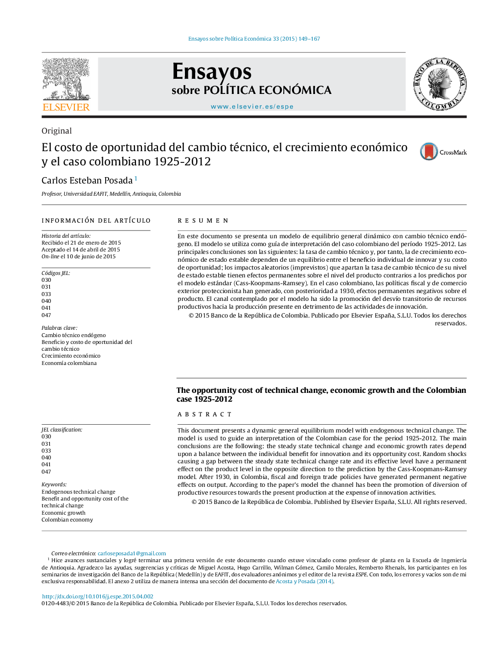 El costo de oportunidad del cambio técnico, el crecimiento económico y el caso colombiano 1925-2012