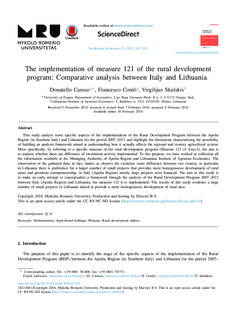 اجرای اندازه گیری 121 برنامه توسعه روستایی: تحلیل مقایسه ای بین ایتالیا و لیتوانی
