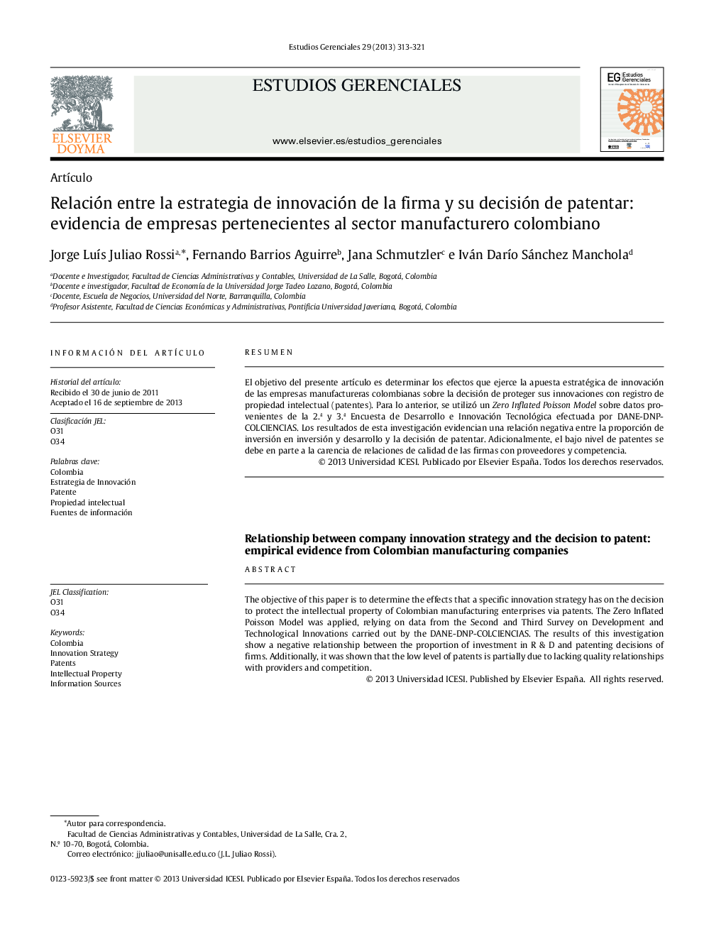 Relación entre la estrategia de innovación de la firma y su decisión de patentar: evidencia de empresas pertenecientes al sector manufacturero colombiano