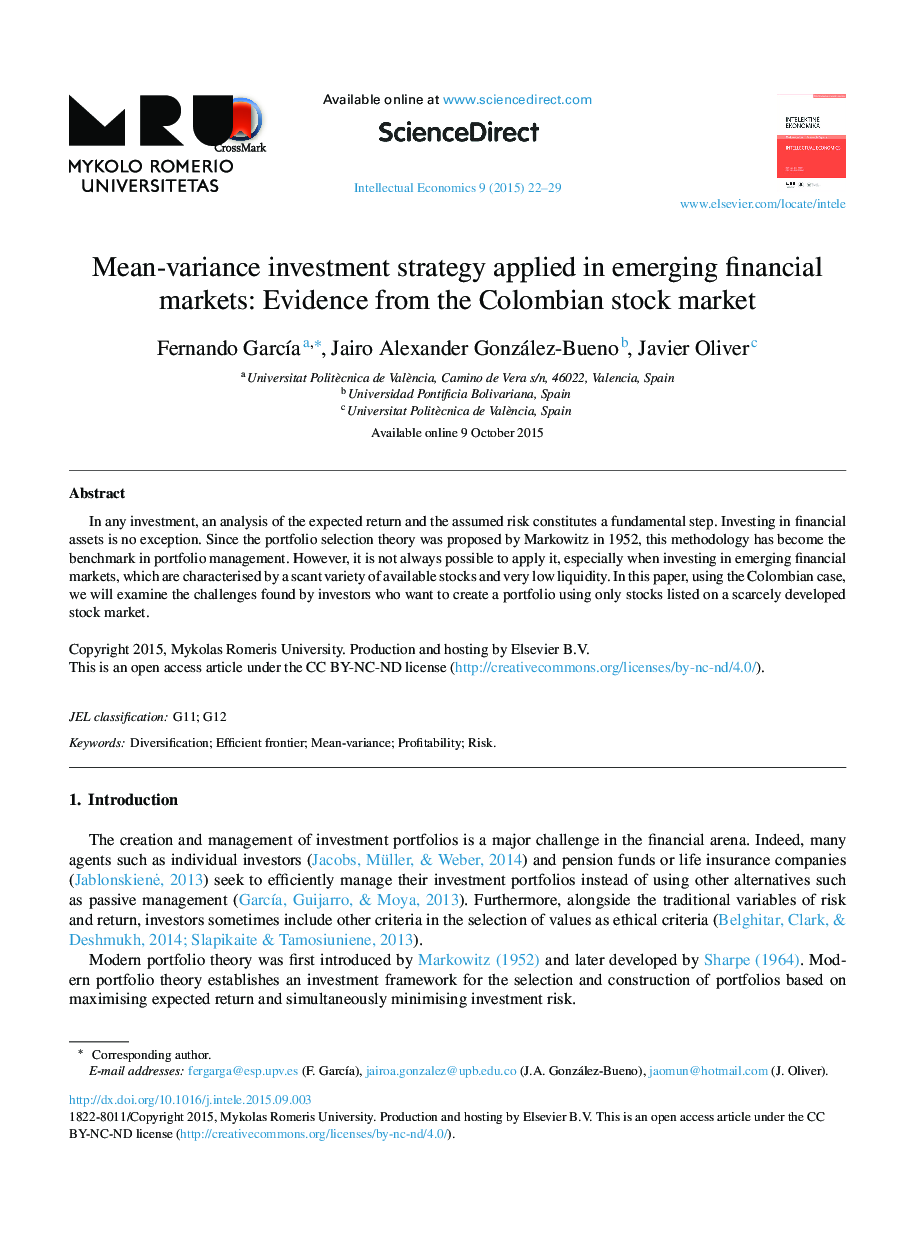 Mean-variance investment strategy applied in emerging financial markets: Evidence from the Colombian stock market