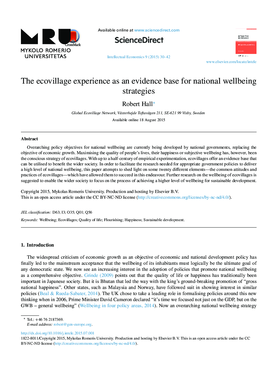The ecovillage experience as an evidence base for national wellbeing strategies