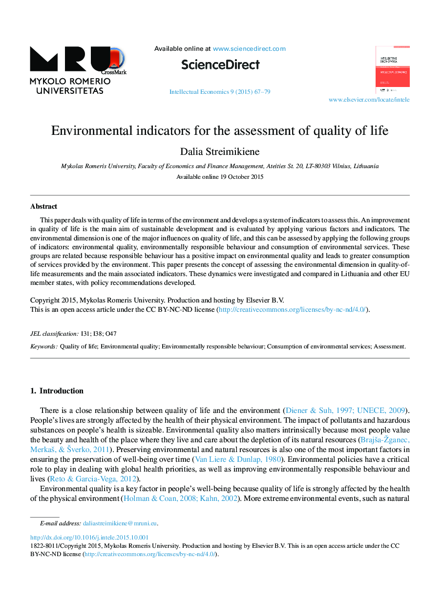 Environmental indicators for the assessment of quality of life