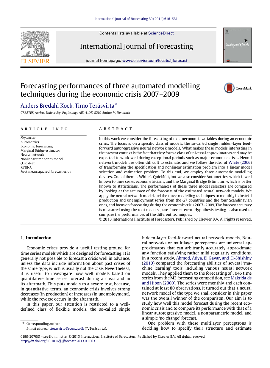 Forecasting performances of three automated modelling techniques during the economic crisis 2007–2009