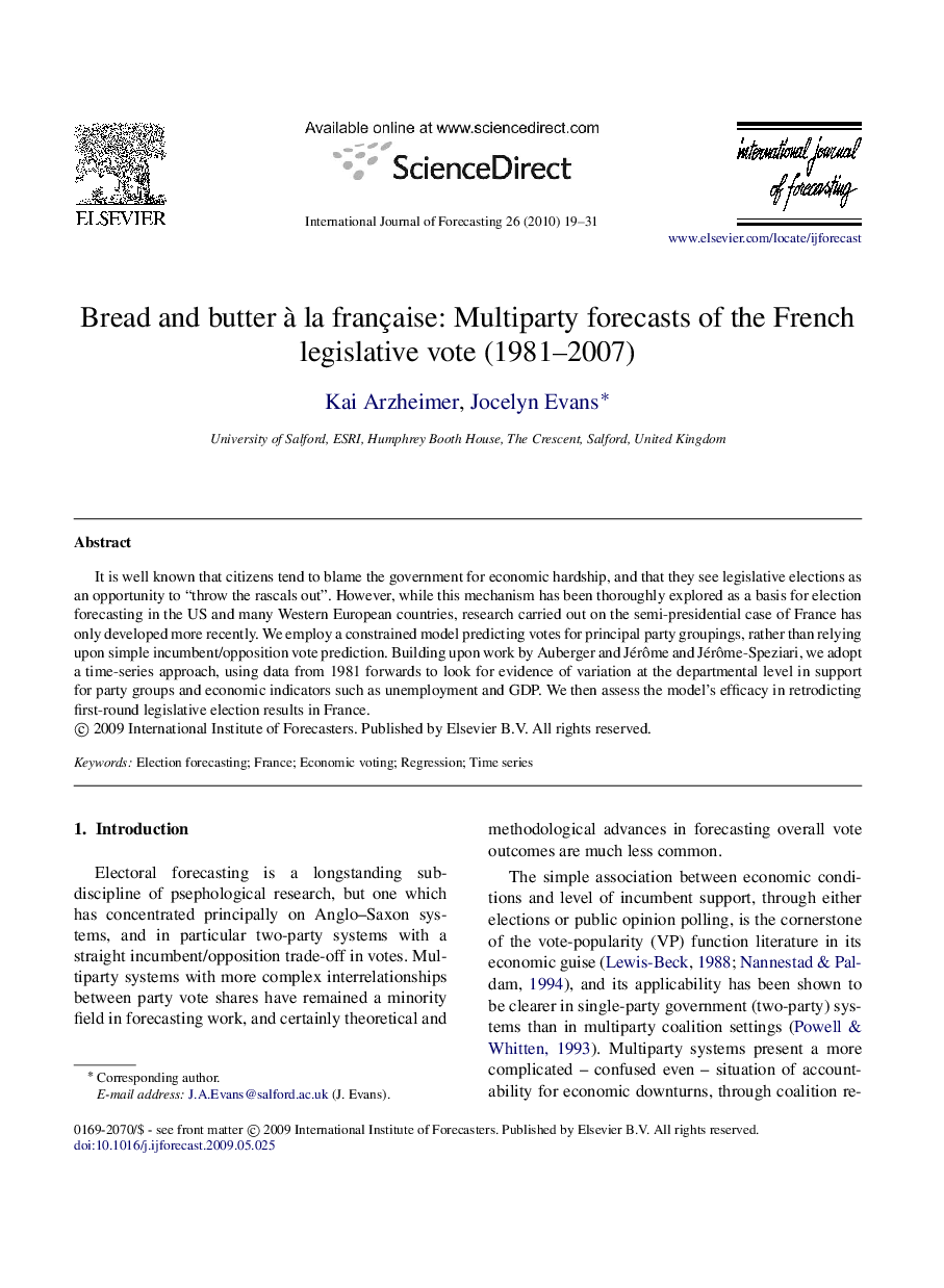 Bread and butter à la française: Multiparty forecasts of the French legislative vote (1981–2007)