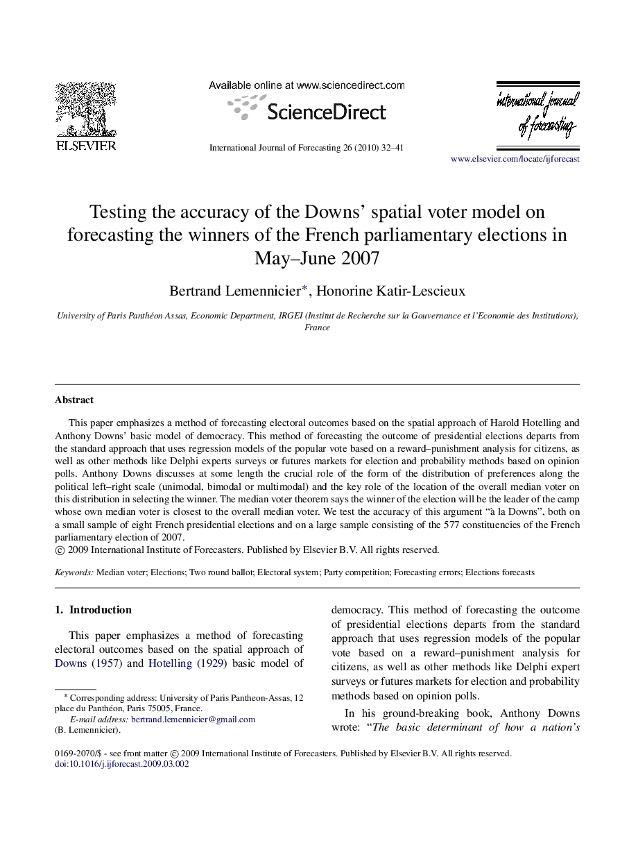 Testing the accuracy of the Downs’ spatial voter model on forecasting the winners of the French parliamentary elections in May–June 2007