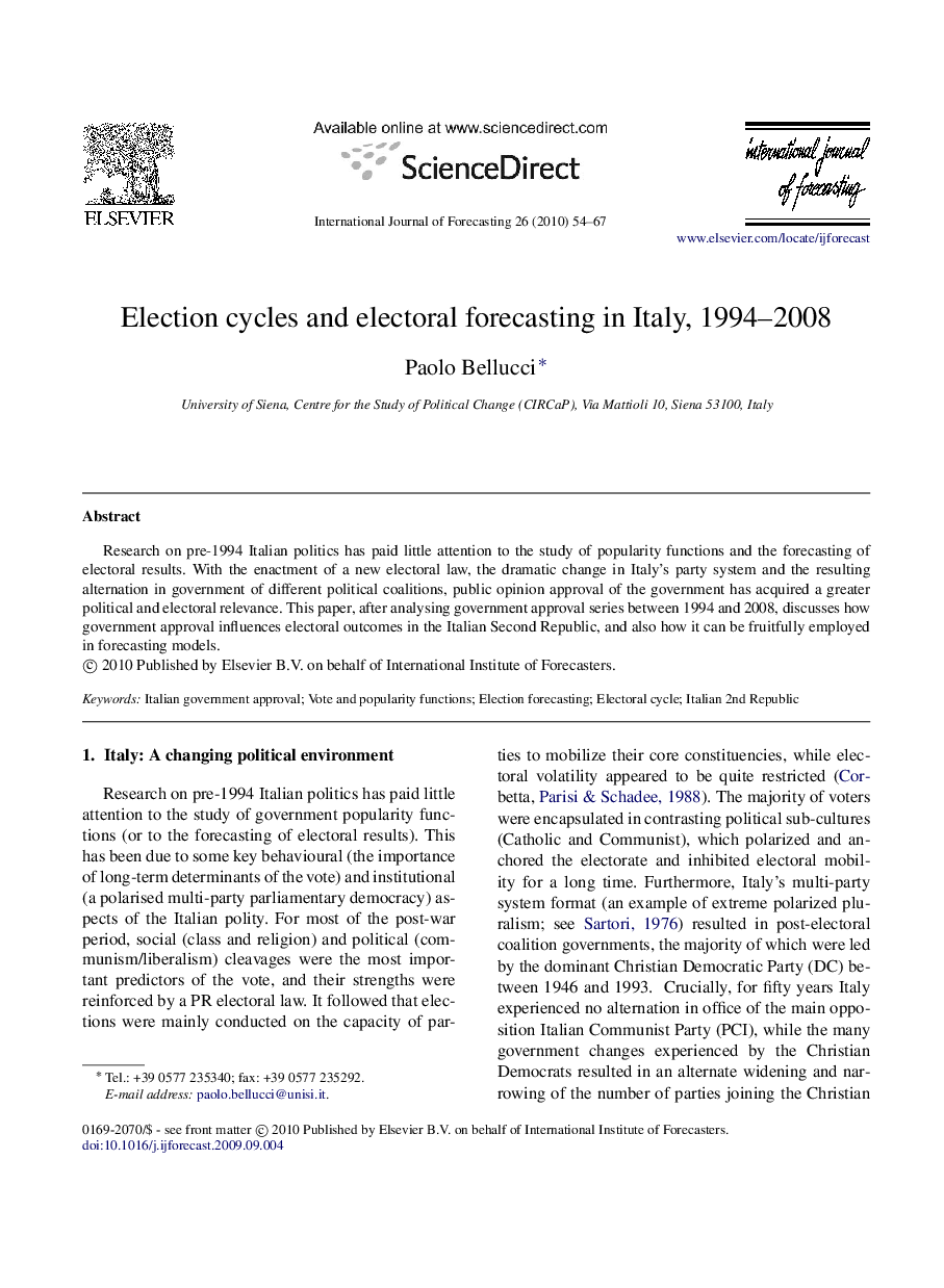 Election cycles and electoral forecasting in Italy, 1994–2008