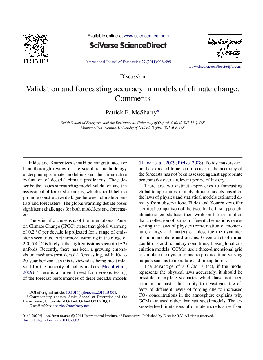 Validation and forecasting accuracy in models of climate change: Comments