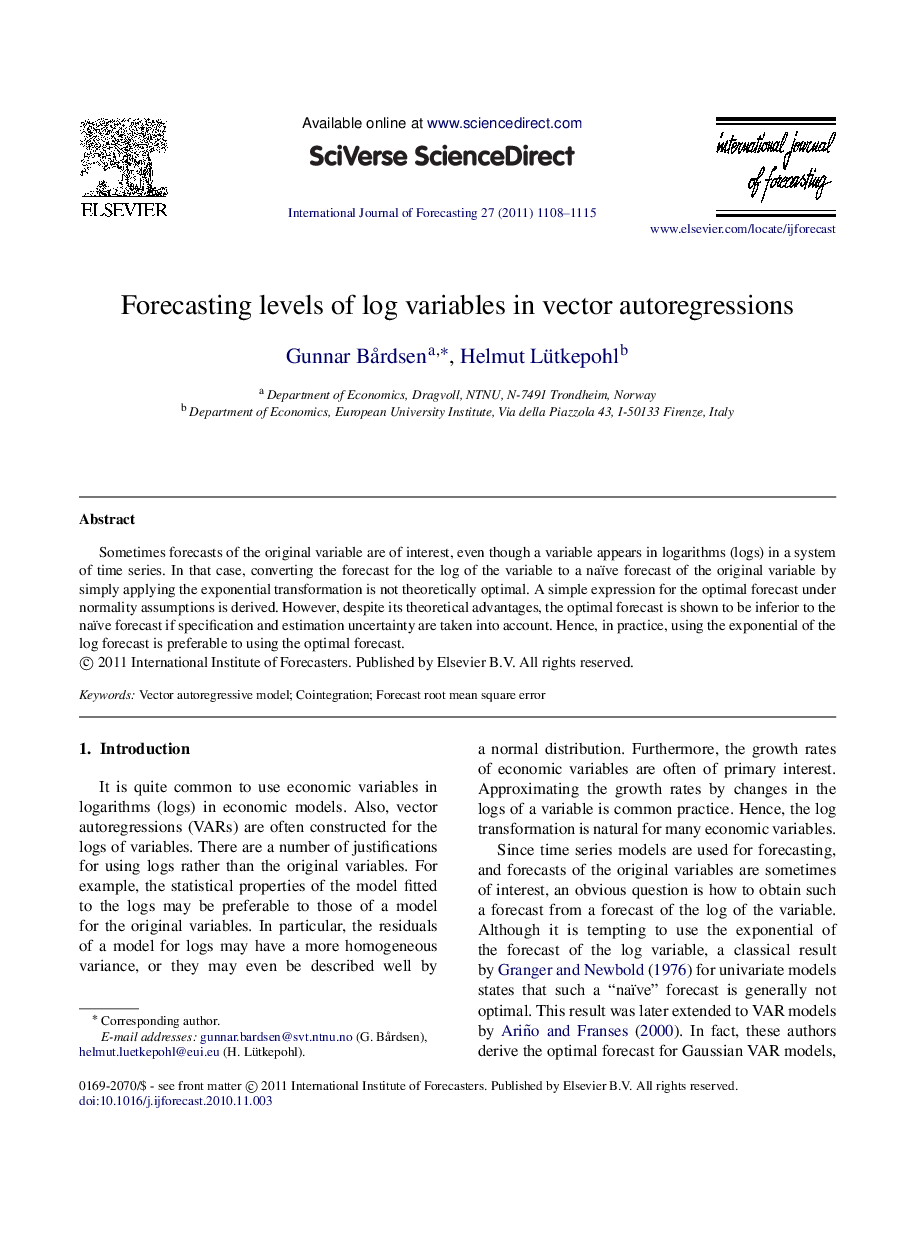 Forecasting levels of log variables in vector autoregressions