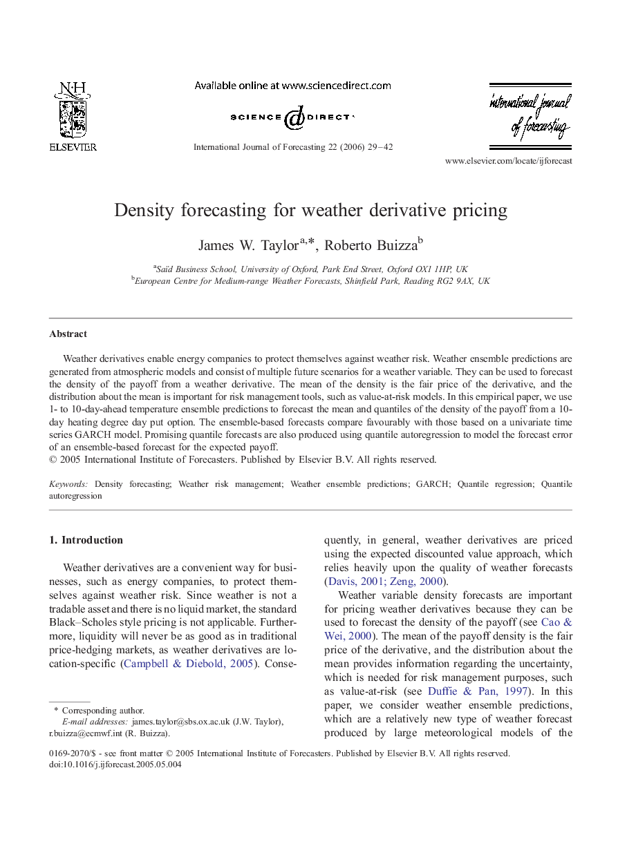 Density forecasting for weather derivative pricing