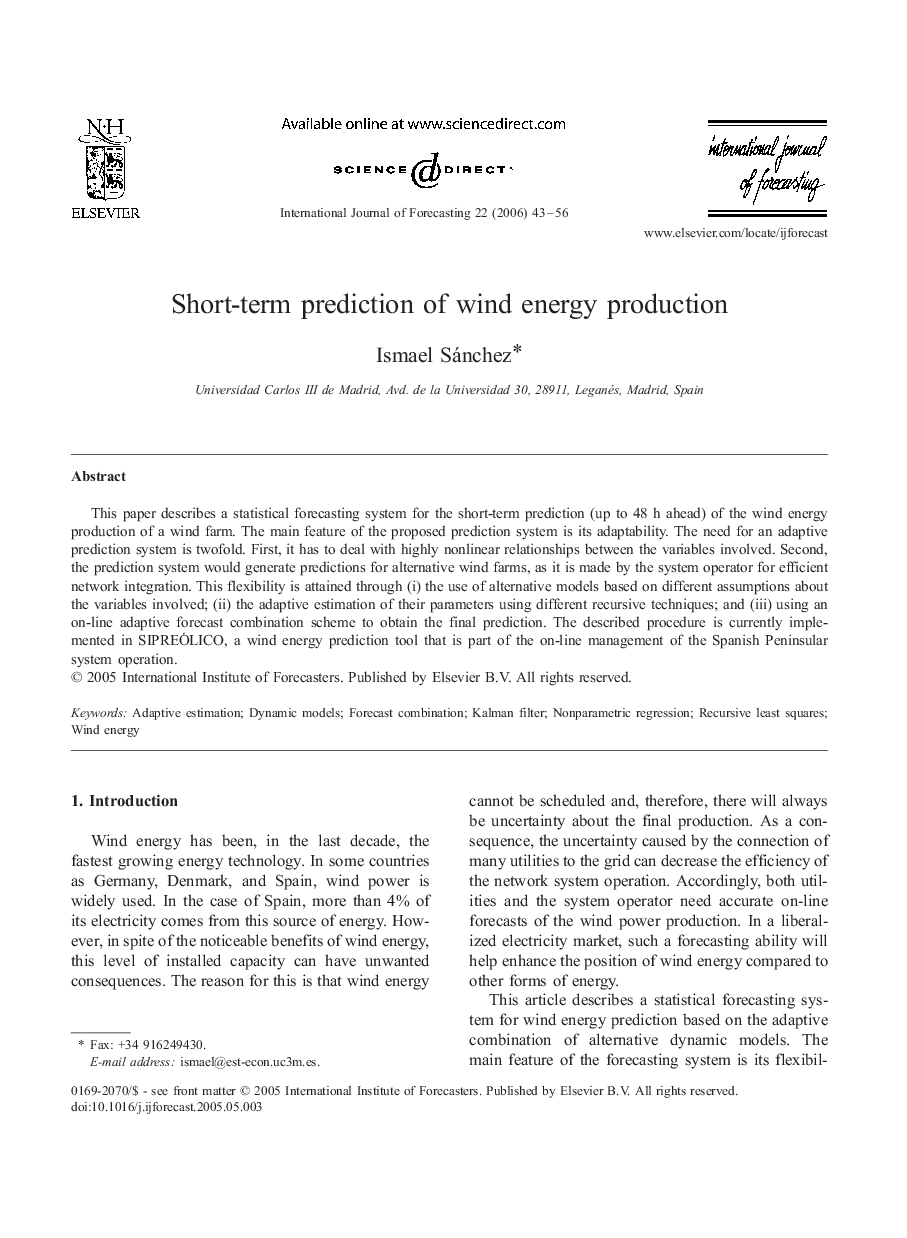 Short-term prediction of wind energy production