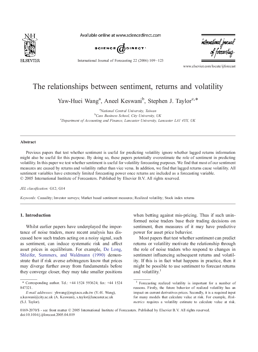 The relationships between sentiment, returns and volatility