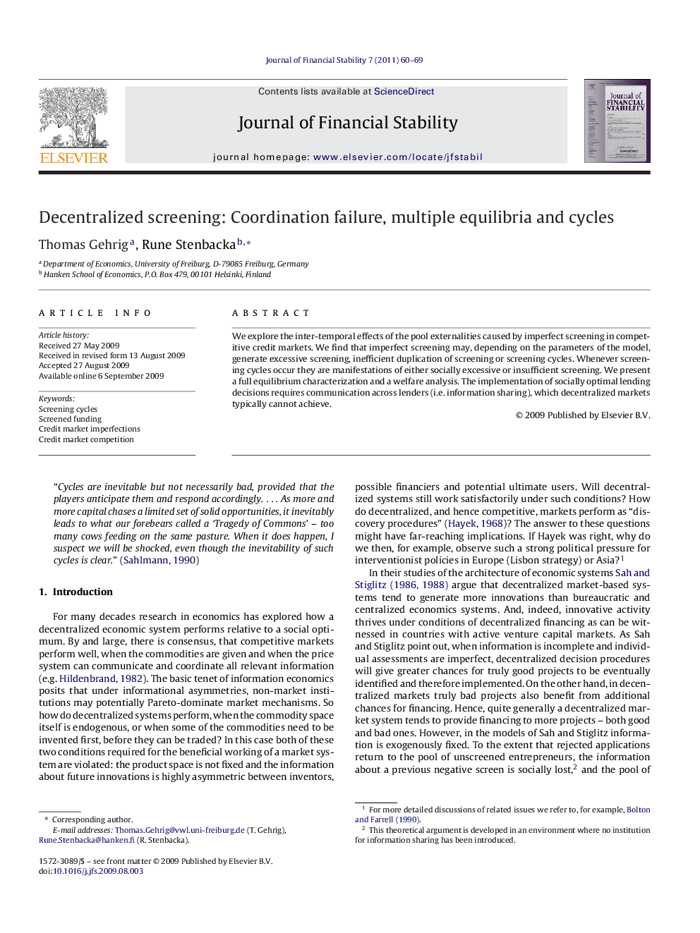 Decentralized screening: Coordination failure, multiple equilibria and cycles