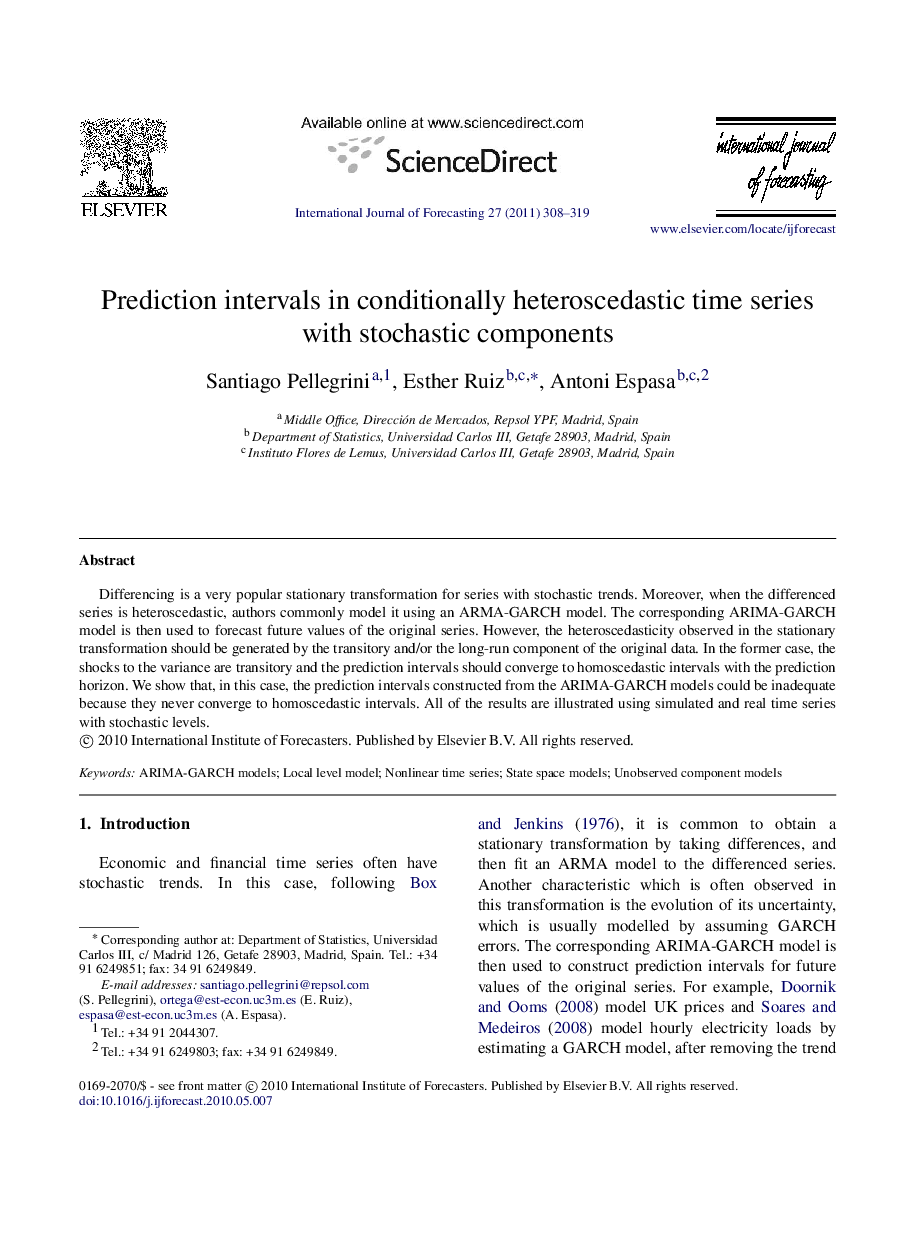 Prediction intervals in conditionally heteroscedastic time series with stochastic components