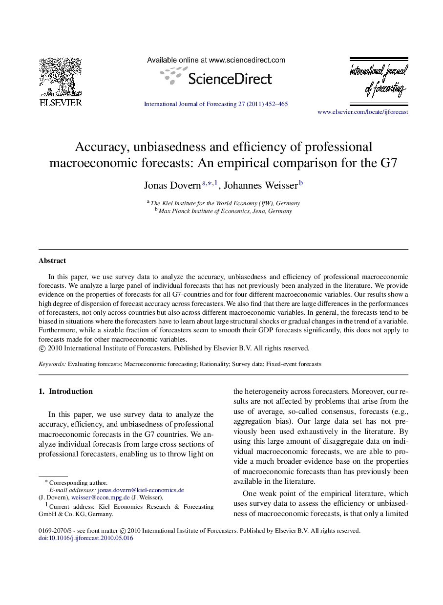 Accuracy, unbiasedness and efficiency of professional macroeconomic forecasts: An empirical comparison for the G7