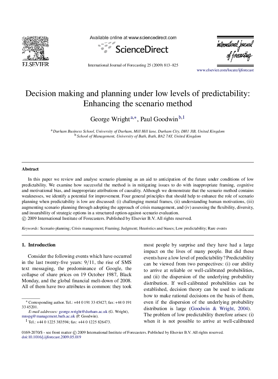 Decision making and planning under low levels of predictability: Enhancing the scenario method