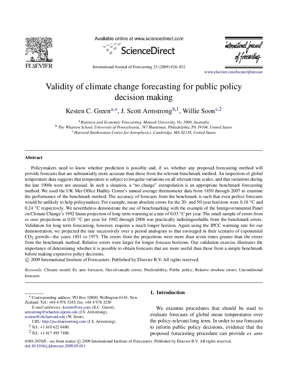 Validity of climate change forecasting for public policy decision making