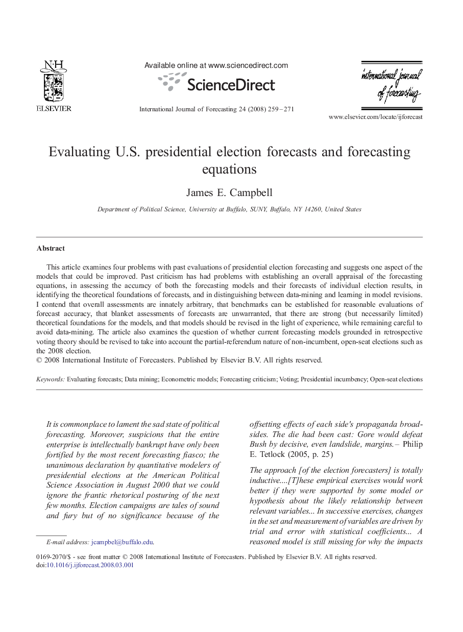 Evaluating U.S. presidential election forecasts and forecasting equations