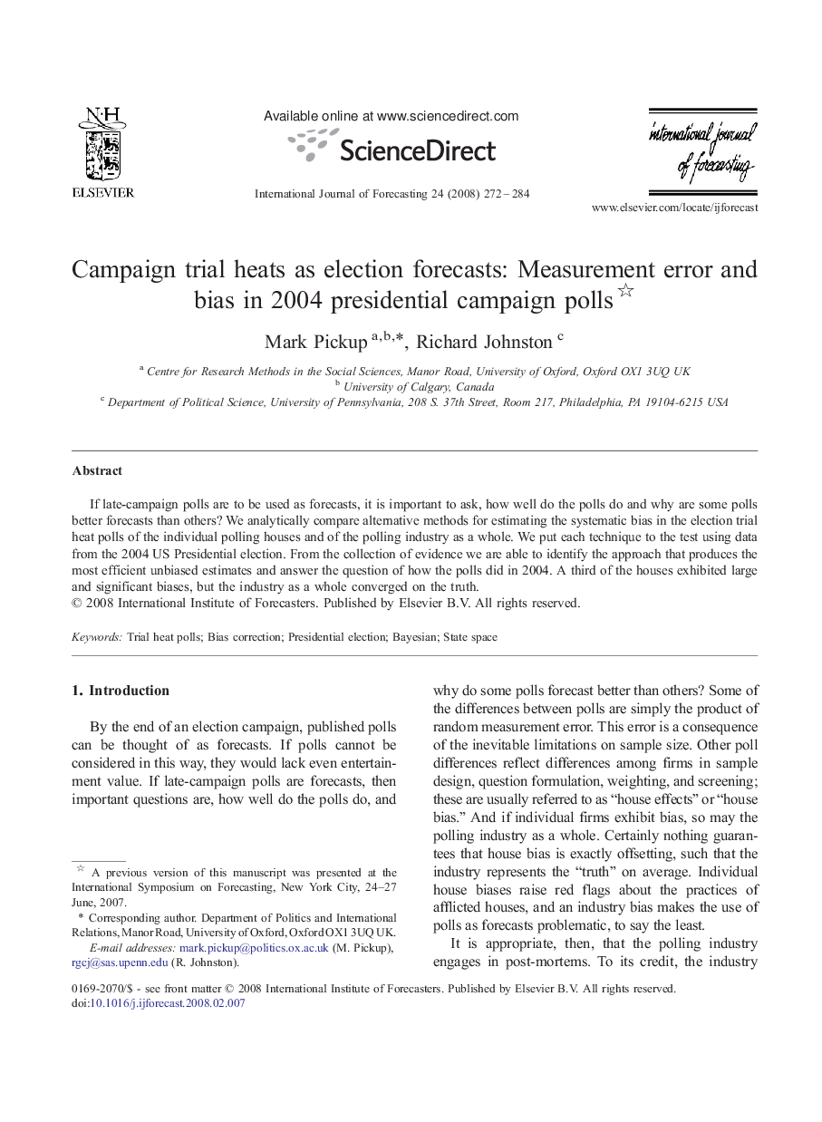 Campaign trial heats as election forecasts: Measurement error and bias in 2004 presidential campaign polls 
