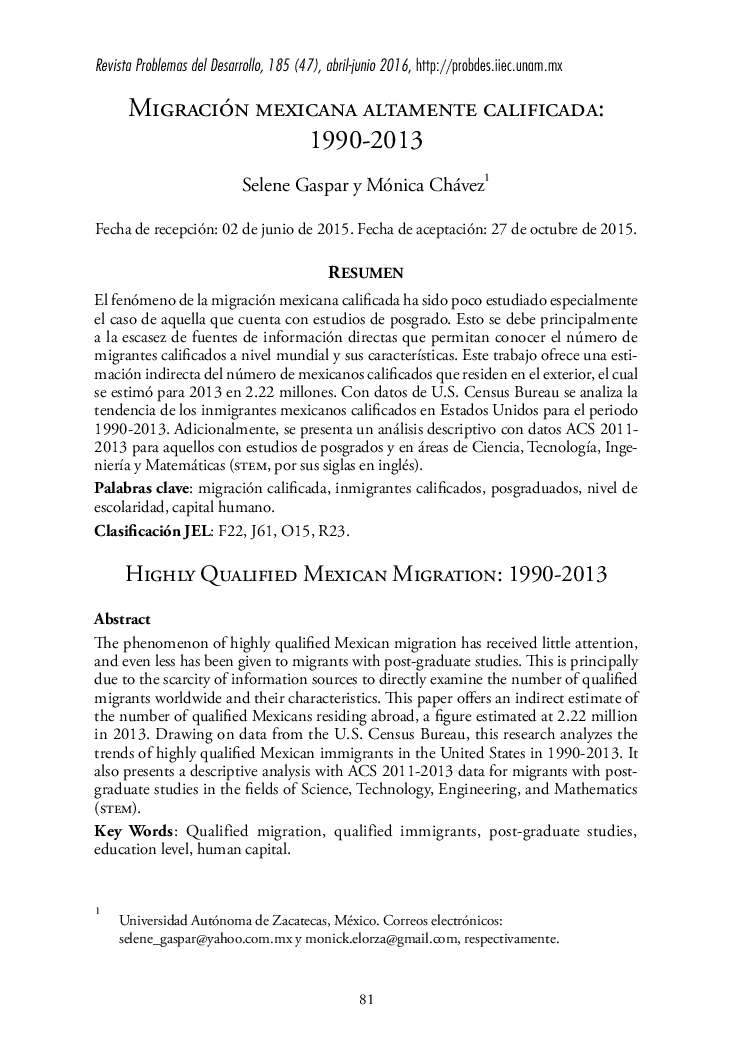 MIGRACIÓN MEXICANA ALTAMENTE CALIFICADA: 1990-2013