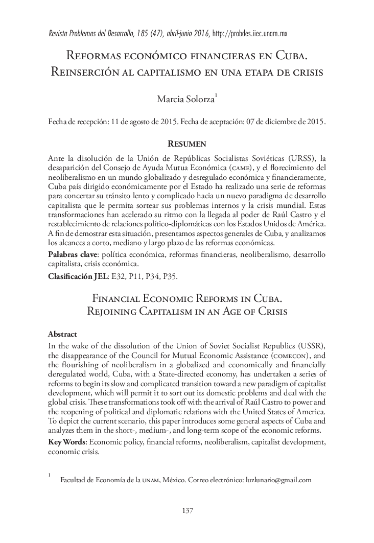 REFORMAS ECONÓMICO FINANCIERAS EN CUBA. REINSERCIÓN AL CAPITALISMO EN UNA ETAPA DE CRISIS