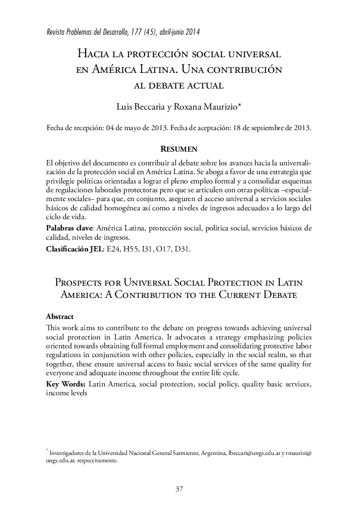 Hacia la protección social universal en América Latina. Una contribución al debate actual