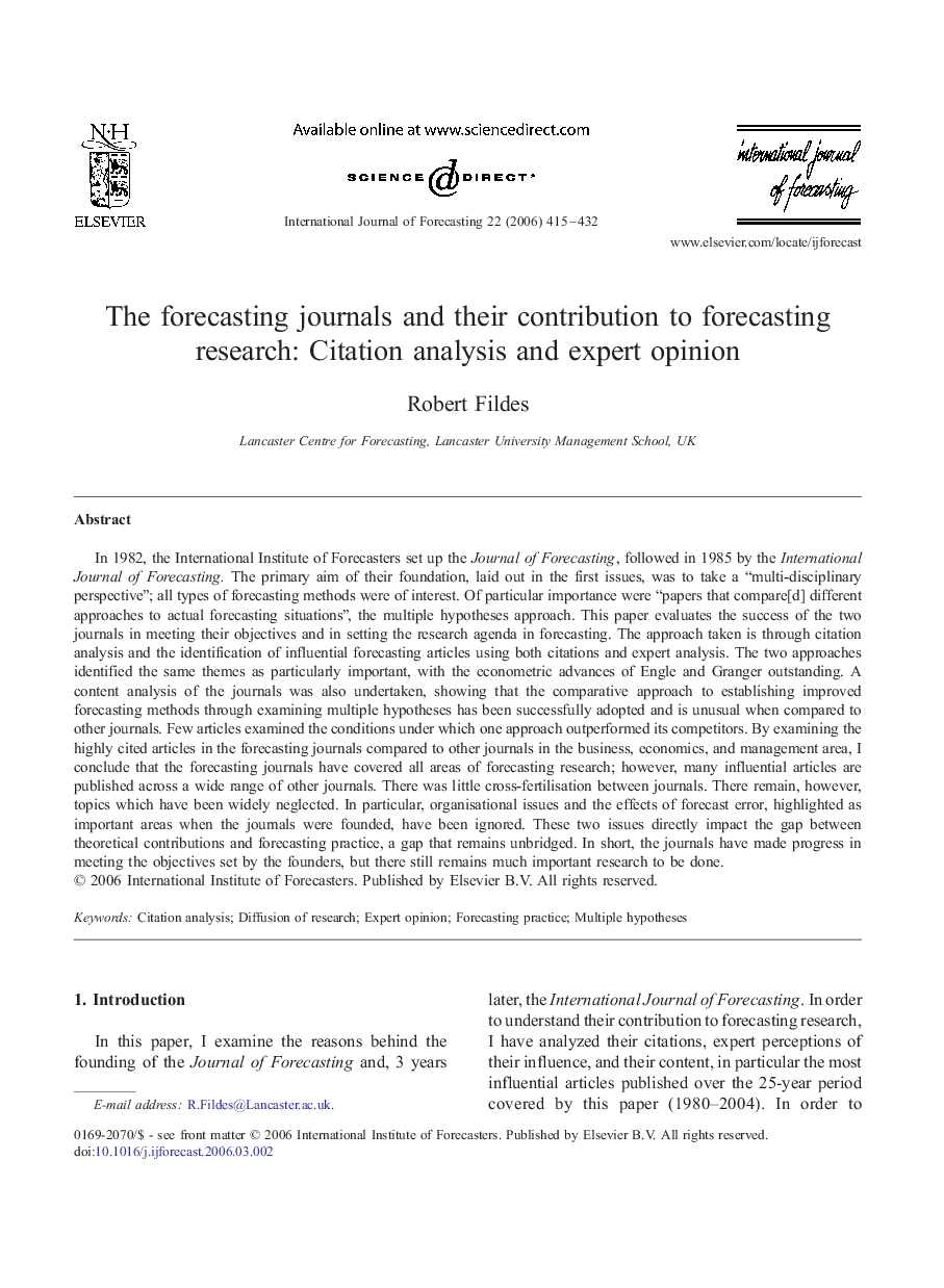 The forecasting journals and their contribution to forecasting research: Citation analysis and expert opinion