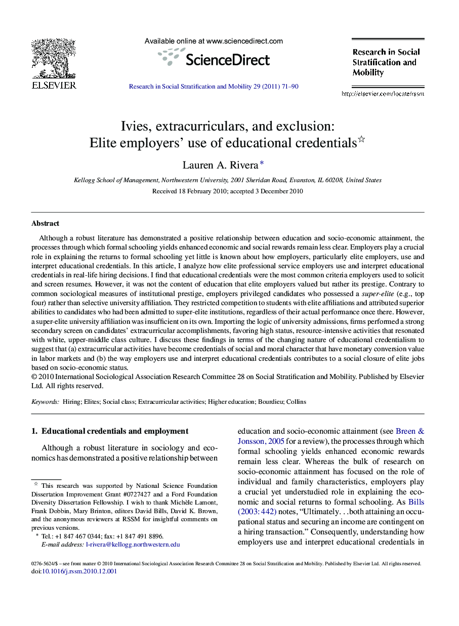 Ivies, extracurriculars, and exclusion: Elite employers’ use of educational credentials 