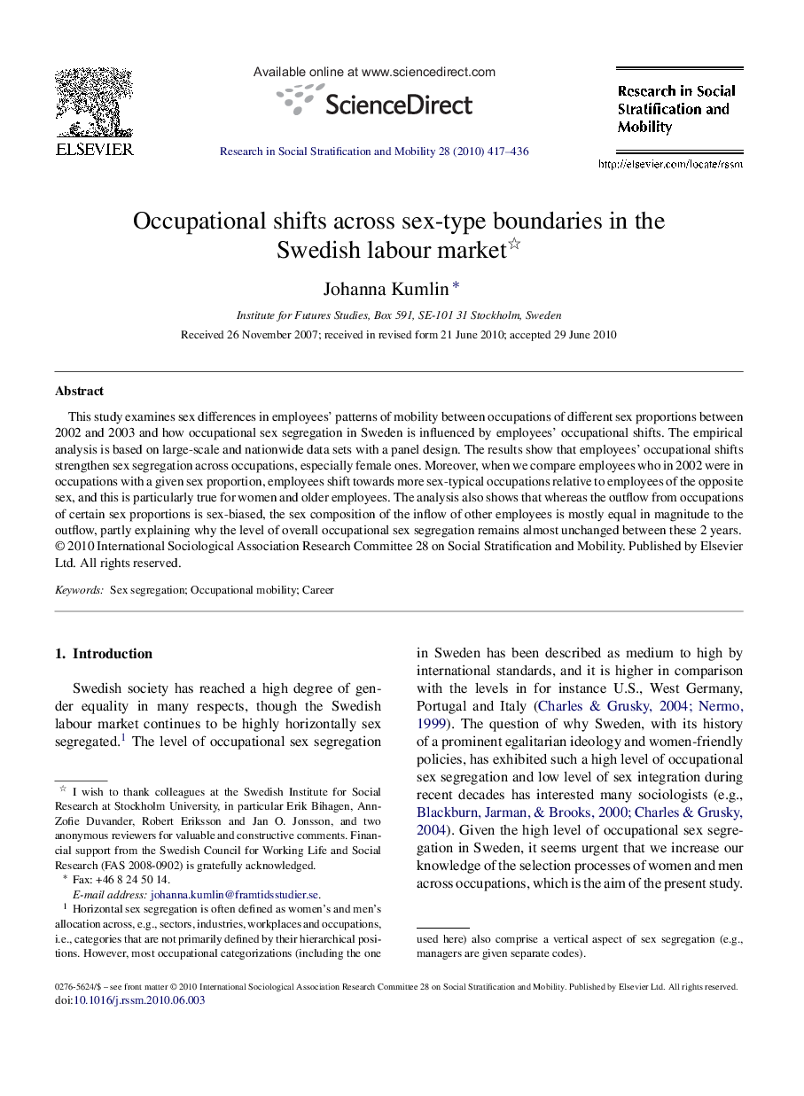 Occupational shifts across sex-type boundaries in the Swedish labour market