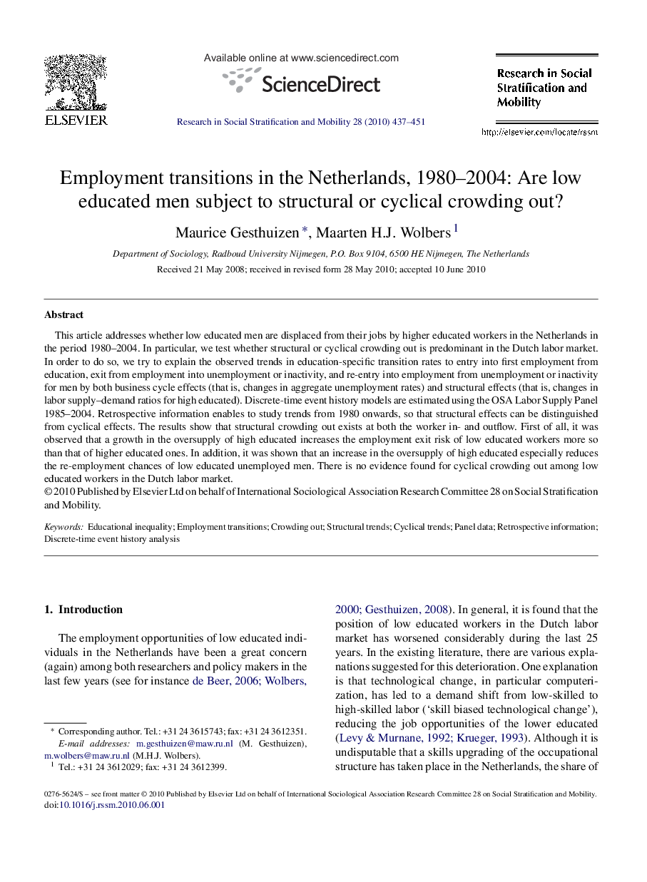 Employment transitions in the Netherlands, 1980–2004: Are low educated men subject to structural or cyclical crowding out?