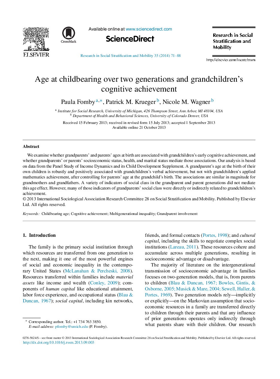 Age at childbearing over two generations and grandchildren's cognitive achievement