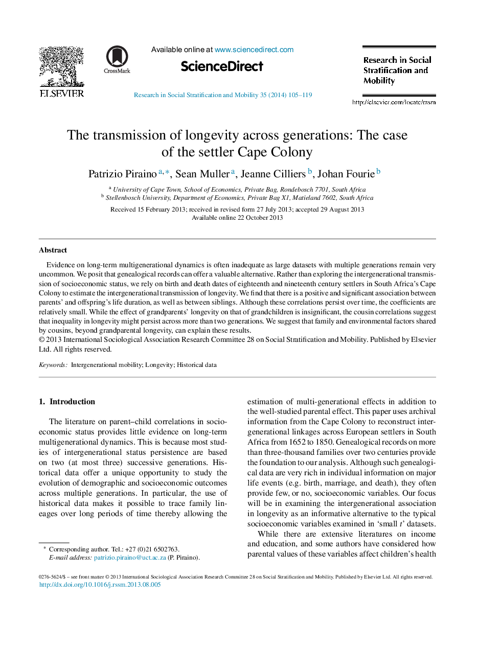 The transmission of longevity across generations: The case of the settler Cape Colony