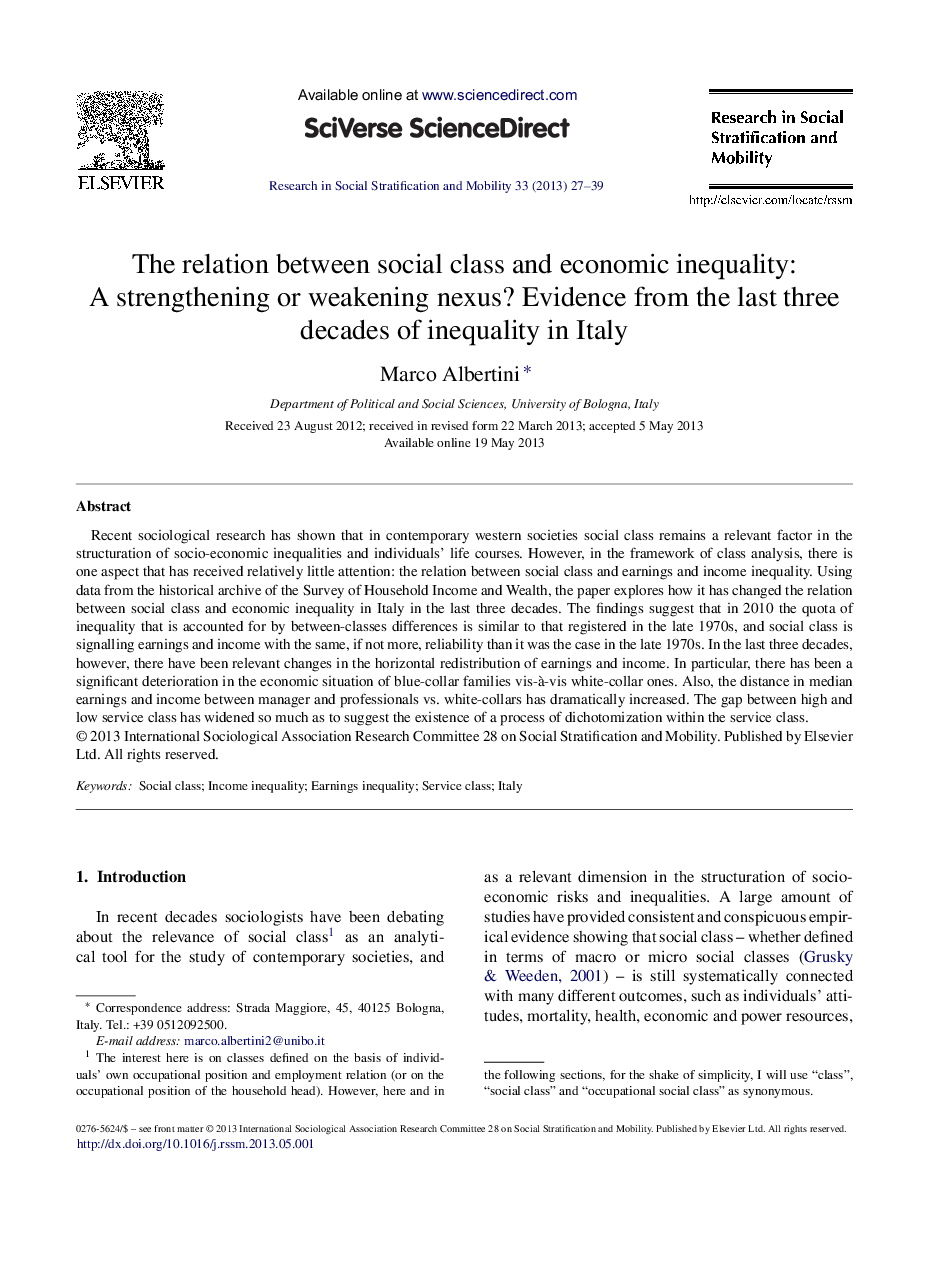 The relation between social class and economic inequality: A strengthening or weakening nexus? Evidence from the last three decades of inequality in Italy