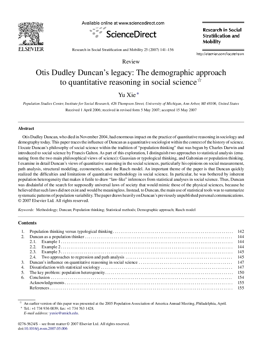 Otis Dudley Duncan's legacy: The demographic approach to quantitative reasoning in social science 