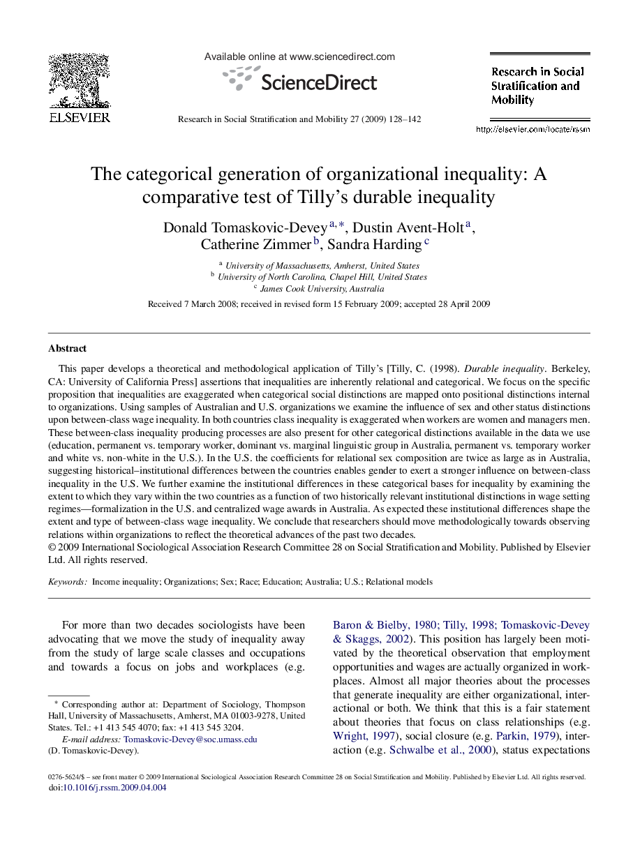 The categorical generation of organizational inequality: A comparative test of Tilly's durable inequality