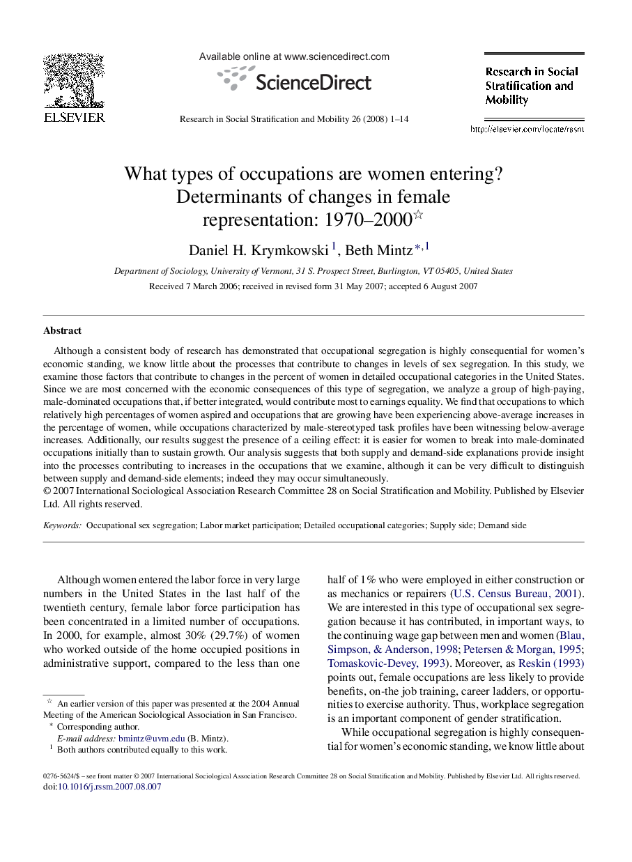 What types of occupations are women entering? : Determinants of changes in female representation: 1970–2000