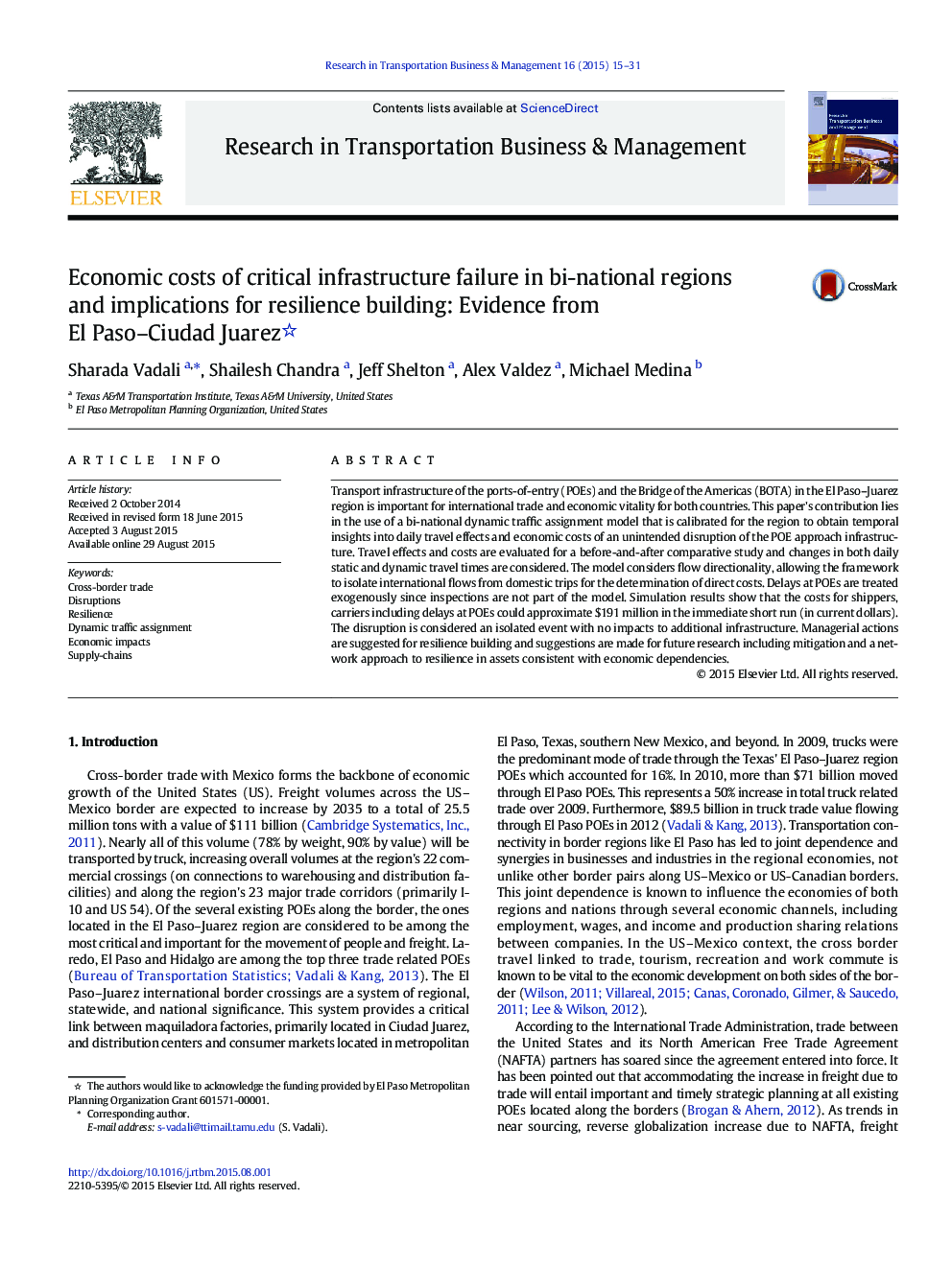 Economic costs of critical infrastructure failure in bi-national regions and implications for resilience building: Evidence from El Paso–Ciudad Juarez 
