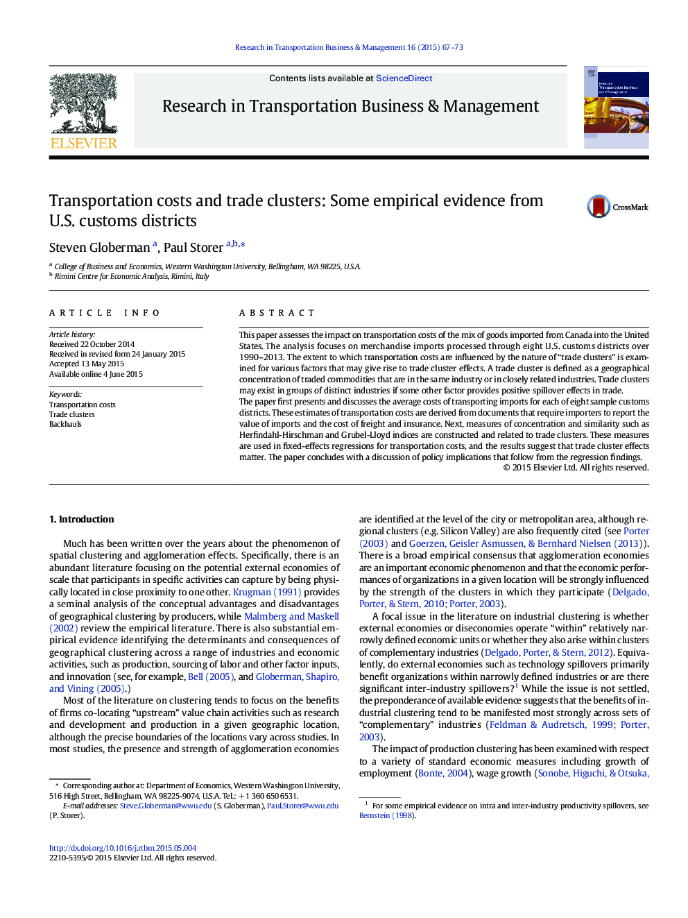 Transportation costs and trade clusters: Some empirical evidence from U.S. customs districts