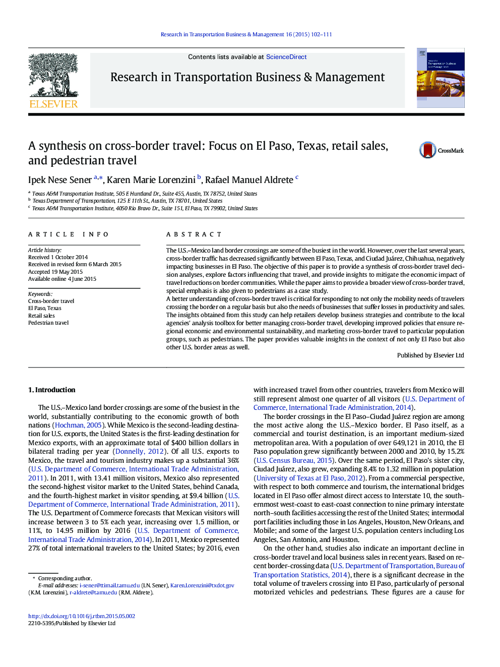 A synthesis on cross-border travel: Focus on El Paso, Texas, retail sales, and pedestrian travel